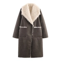 Women's reversible long suede coat with faux fur collar in dark coffee and white - XS / Dark Brown