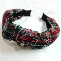 Knotted headband with red and green plaid tweed fabric and crisscross bow style - Red Green Tweed Plaid