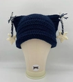 Dark blue knitted cat ear hat with white star tassels on a mannequin head display - Navy Striped