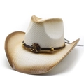 Classic straw western cowboy hat with brown gradient brim and vintage bead band - M (56-58cm) / Cream Coffee Gradient