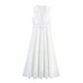 Abito lungo bianco senza maniche in pizzo con scollo a V, cintura e gonna a trapezio fluida - XS / Bianco