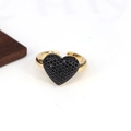 Close-up of adjustable gold ring with black zircon heart on a white background - Adjustable Open / Black