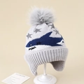 Close-up of knit texture and gray faux fur pom-pom on the warm shark earflap hat - 3-8 Years / Gray