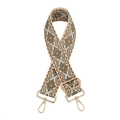 Close-up of geometric ethnic woven shoulder strap with gold metal lobster clasps - S14 Brown Edge Matcha Green Flower