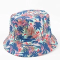Détail d'un chapeau bob avec imprimé flamant rose et feuilles de palmier sur toile bleue - M(56-58cm) / Palmier Flamant Bleu Clair (53#)
