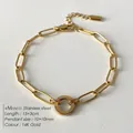 14K gold-plated stainless steel paperclip chain bracelet with a 10mm ring charm - Polished Circle Pendant Paperclip Chain (XBL0039-2)