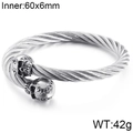 Punk style stainless steel cable wire cuff bracelet featuring dual skull head accents - Steel Color Skull Style (KB104636-BD)