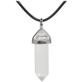 Macro detail of a transparent hexagonal crystal pillar pendant with silver metal clasp - Pendant with Necklace / White Crystal