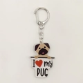 Close-up of 2D acrylic Pug dog keychain with I Love My Pug text and silver lobster clasp - Pug Style (20)