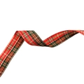 Detail of red and green plaid Christmas ribbon with wave curve on white background - Style 4