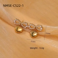 Golden heart-shaped pearl earrings on champagne silk background with size 2.3cm - Luxury Heart Bow Pearl Studs (NMSE-C522-1)
