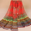 Ethnic red chiffon sun protection scarf with green totem and vibrant tassel print - Red (Bohemian Ethnic)