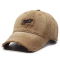 Vintage washed khaki baseball cap with distressed details and frayed Hero embroidery - Deep Beige