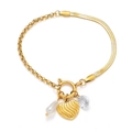 Golden titanium bracelet with half-chain snake design, heart pendant and zircon stone - Artificial Pearl Splicing Heart Bracelet (TT0462)
