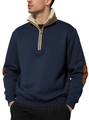 Men's navy half-zip sweatshirt with cream fleece collar and khaki elbow patches - Navy Blue