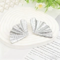 Silver metallic fan-shaped stud earrings with brushed texture in liquid lava style - Silver EH002-1 (Ginkgo Leaf Shape)