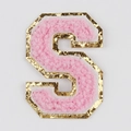 Pink chenille embroidered letter S patch with golden glitter border for DIY decor - Letter S