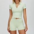 Women's mint green yoga set with quarter zip short sleeve top and v-waist shorts - S / Top And Bottom / Mint Green