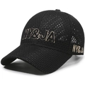 Breathable black mesh baseball cap with NY&JA embroidery shown at a 45-degree angle - Black