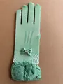 Mint green fishnet bridal gloves featuring silk bow and sparkling rhinestone detail - Green