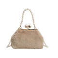 Elegant beige faux fur handbag with oversized pearl clasp and detachable pearl strap - Khaki