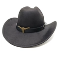 Detail of black cowboy hat featuring a gold bull head buckle and vintage metal rivets - M(56-58cm) / Striped Black