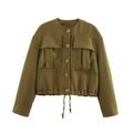 Olivgrüne Bomberjacke mit vier vorderen Utility-Taschen und Kordelzug am Saum - S / Tops