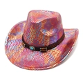 Macro shot of colorful snakeskin pattern on pink cowboy hat with turquoise bead detail - M (56-58cm) / Red