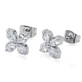 Silver stainless steel stud earrings featuring a four-leaf flower design with clear zircons - Flower (E0024S) / Steel