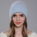 Women's light blue angora wool knit beanie featuring a thick double-layered cuff design - Sky Blue