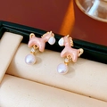 Detail of pink enamel horse earrings with pearl drops in a premium jewelry box - Little Horse Style - Pink (925 Sterling Silver Earring Post)