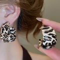 Detail showing vintage leopard print leather C-shaped hoop earrings on a female model - 12# 925 Sterling Silver Earring Post - Brown - C-Shape