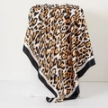 Golden leopard print satin square headscarf with black and white striped border details - Striped Border Leopard (No.26)