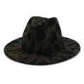 Detail view of deep green and black cow print fedora with wide brim and felt texture - M(56-58cm) / Army Green Cow