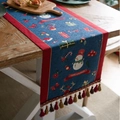 Runner da tavola natalizio blu con motivi pupazzo di neve, renna e nappe rosse - 35*140cm / Pupazzo di Neve Blu + Nappa Rossa