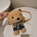 Borsa a tracolla in peluche orso marrone con salopette di jeans e fiocco a scacchi - Stile Salopette in Denim Blu / Blu