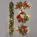 Luminous Christmas wreath set with pine cones, red berries and warm LED lights - 4pcs Garland Wreath Set (With LED Lights)