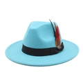 Detail of blue fedora felt hat with black ribbon and natural feather decoration - M (56-58cm) / Lake Blue