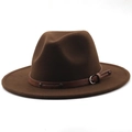 Detail of dark brown wool fedora with studded leather band and metallic buckle - Coffee