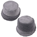 Detail of dark grey sherpa fleece bucket hat with premium suede crown and flat top design - Reversible / Gray