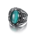 Vintage men's silver ring with oval green cat's eye stone and engraved scroll patterns - US 7 / Silver + Green Cat's Eye