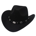 Detail eines Westernhutes aus Filz mit silbernen Vintage-Schnallen auf schwarzem Zierband - M / Schwarz
