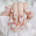 Pink ombre press-on nails featuring 3D resin roses, white bows and pearl accents - Rococo Pink Rose Butterfly (N5282)