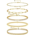 5-piece gold layered bracelet set featuring paperclip, tennis, and Cuban link chains - Gold Set - Pendant/Zirconia/Paperclip