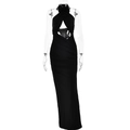 Detail of elegant black halter dress featuring a 3D floral accent and waist cut-out design - S / Black