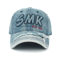 Vintage light blue denim baseball cap with SMK embroidery and distressed frayed brim details - Adjustable / Washed Light Blue
