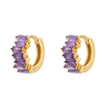 Macro view of gold huggie earrings featuring five prong-set purple rectangular zircons - Gold with Five Baguette Purple Zirconia
