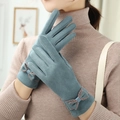 Guanti termici in pelle scamosciata blu-grigio da donna con fiocco carino e touch screen - Taglia unica / Blu Lago