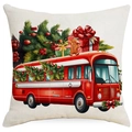 Housse de coussin carrée en lin avec motif de bus de Noël rouge sur fond beige - Bus de Noël