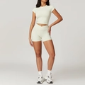 Eco-friendly quick-dry yoga set with short sleeve crop top and high waist shorts in cream white - S / Top And Bottom / Short Sleeve + Shorts / Cream Apricot